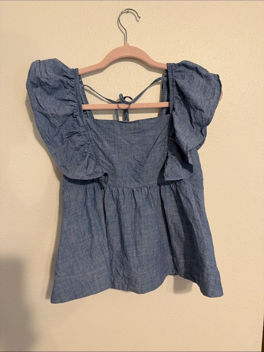 Chambray Square-Neck Flutter Sleeve Peplum Top